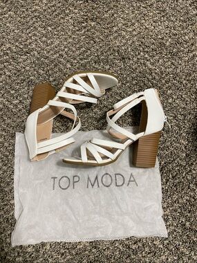 TOP Moda White Strappy Block Heel Sandals with Tan Wood-Effect Heel